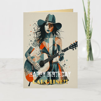 Carte De Vacances Métallisée Guitariste Country Girl personnalisée Art Inspiran