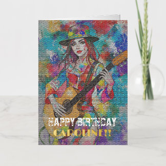 Carte De Vacances Métallisée Guitariste Féminine Personnalisée Art Abstrait Ins