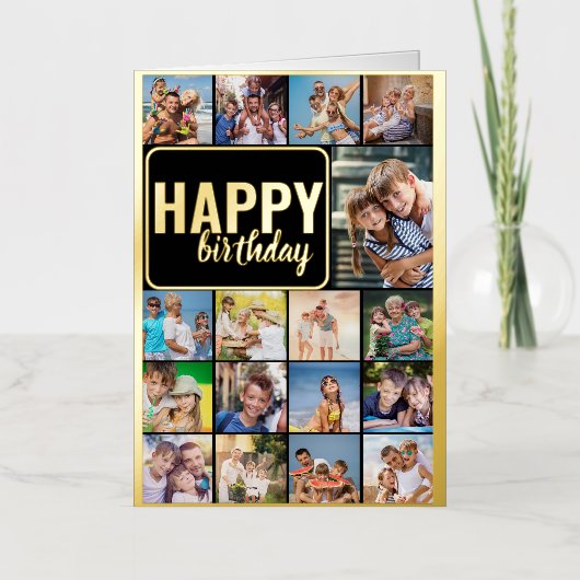 Carte De Vacances Métallisée Happy Birthday Photo Collage avec 17 photos Gold (Recto)
