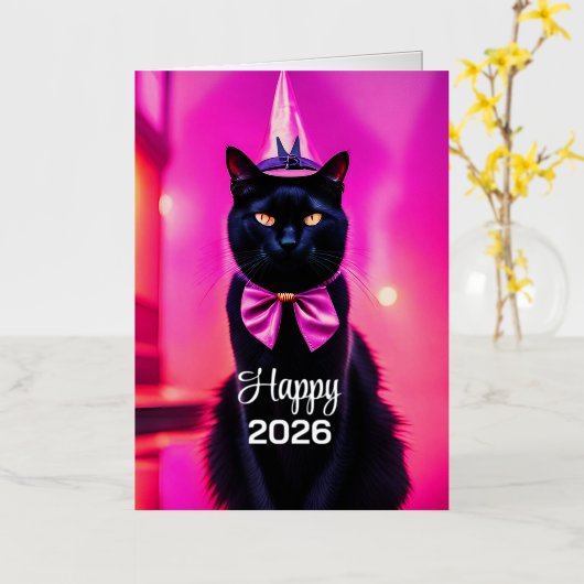 Carte De Vacances Métallisée Jazzy Kitty - Heureux 2026 (Fleur jaune)
