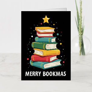 Carte De Vacances Métallisée Joyeux Bookmas - Pile de livres festive pour les a