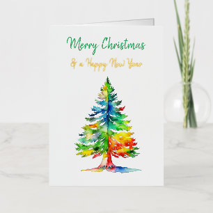 Carte De Vacances Métallisée Joyeux Noël Aquarelle Arbre de Noël