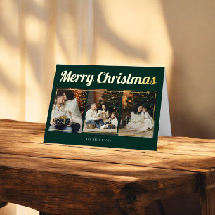 Carte De Vacances Métallisée Joyeux Noël Écriture Rétro Photo Vert