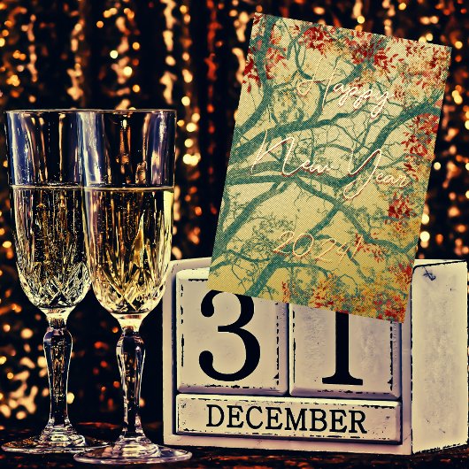 Carte De Vacances Métallisée Joyeux Nouvel An vert arbre rouge feuilles