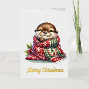 Carte De Vacances Métallisée La loutre de Noël avec une écharpe