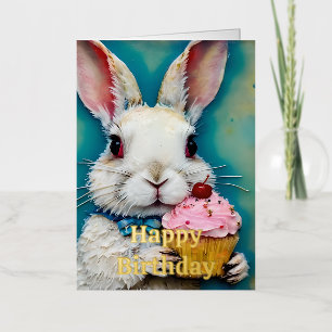 Carte De Vacances Métallisée Lapin avec Cupcake Anniversaire