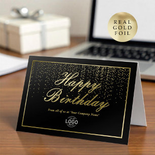 Carte De Vacances Métallisée Logo Entreprise Noir Or Joyeux Anniversaire