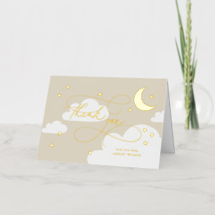 Carte De Vacances Métallisée Lune et Étoiles Beige Écriture Remerciements Bébé