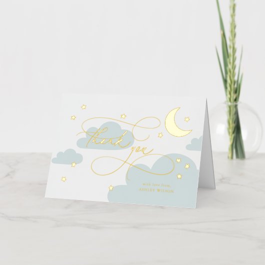 Carte De Vacances Métallisée Lune et Étoiles Bleu Script Bébé Merci (Recto)