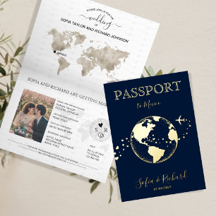 Carte De Vacances Métallisée Mariage de Destination Monde Globe Passeport Moder