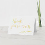 Carte De Vacances Métallisée Merci Mariage blanc et or tellement<br><div class="desc">Carte de remerciements mariage plié romantique sans photo avec des polices de feuille d'or. Merci tellement dans un joli script et vos noms et date mariage en élégantes lettres d'or.</div>