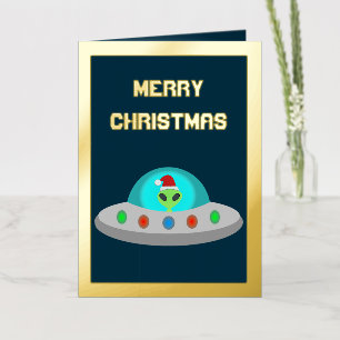 Carte De Vacances Métallisée Noël UFO Ho Ho Alien soucoupe volante Personnalisé