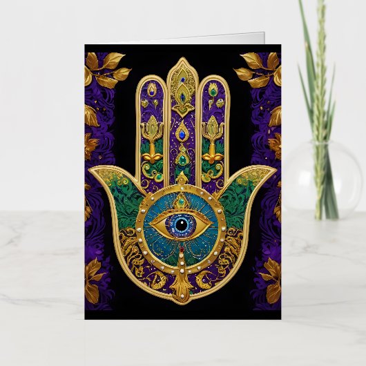 Carte De Vacances Métallisée Ornate Gold Troisième Oeil Hamsa (Recto)