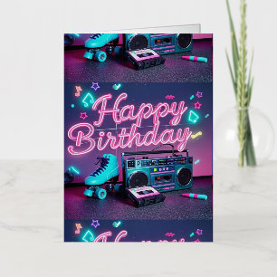 Carte De Vacances Métallisée Retro neon Joyeux Anniversaire signe en rose et tu