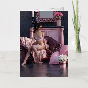 Carte De Vacances Métallisée Saint Valentin Beauté en Lingerie sur le canapé