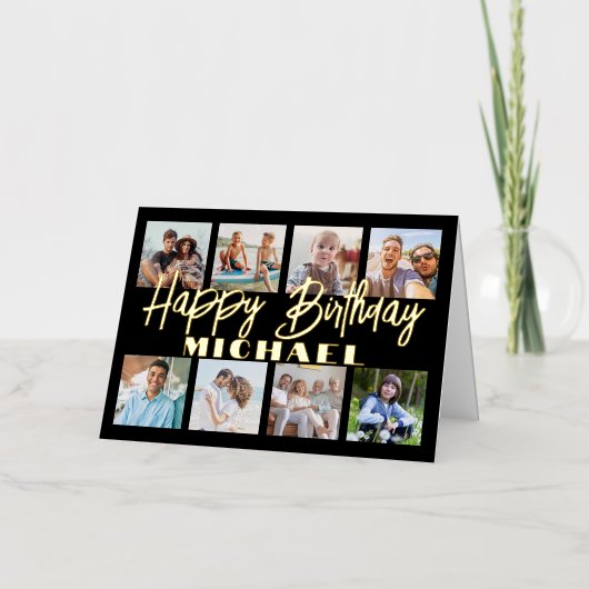 Carte De Vacances Métallisée Script Happy Birthday Elegant Black Photo Collage (Recto)