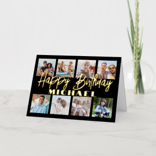 Carte De Vacances Métallisée Script Happy Birthday Elegant Black Photo Collage