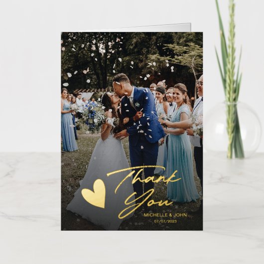 Carte De Vacances Métallisée Script photo moderne Coeur Mariage Merci (Recto)