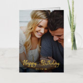 Carte De Vacances Métallisée Simple Script photo Joyeux anniversaire réel (Recto)