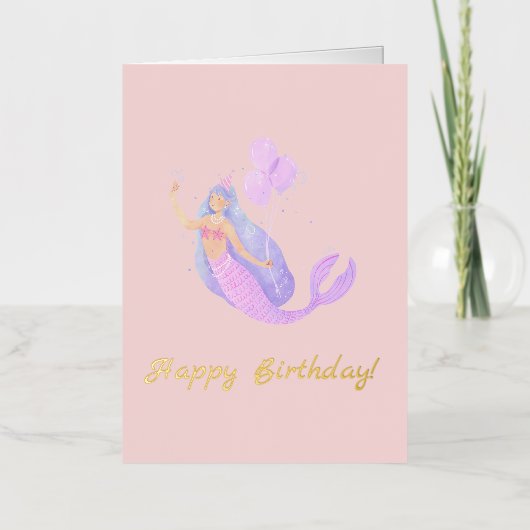 Carte De Vacances Métallisée Sirène Simple Anniversaire Rose Pêche (Recto)