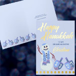 Carte De Vacances Métallisée Snowman Dreidels Blue Childs Nom Hanoukka Gold<br><div class="desc">Ces mignonnes ajouter un nom Happy Hanoukka cartes de voeux peut être customisé par vous pour votre petite-fille, petit-fils, nièce, neveu ou autre désignation de famille. Imprimée avec de véritables accents de feuille d'or, cette carte Chanukah personnalisée est dotée d'un joyeux petit bonhomme de neige avec ses deux dreidels assortis...</div>