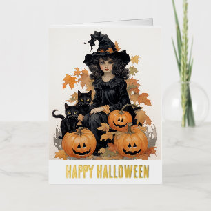 Carte De Vacances Métallisée Sorcière Vintage et Chat Noir Halloween