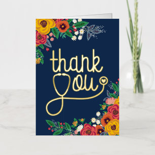 Carte De Vacances Métallisée Stethoscope Floral Coeur Infirmière Docteur Merci