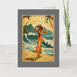 Carte De Vacances Métallisée Style Vintage Hawaïen Voyage Honolulu Mid-Pacific