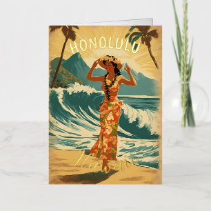 Carte De Vacances Métallisée Style Vintage Hawaïen Voyage Honolulu Mid-Pacific