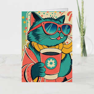 Carte De Vacances Métallisée Un chat de dessin animé de style rétro en verre de