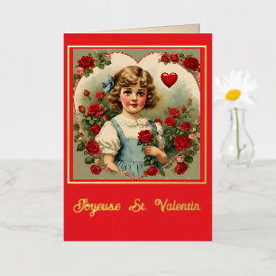 Carte De Vacances Métallisée Vintage Petite Fille avec des Roses – Saint-Valent