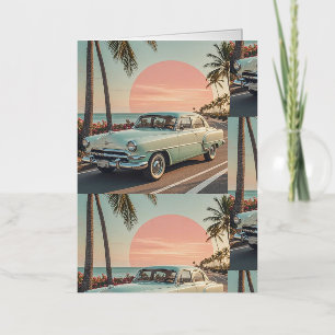 Carte De Vacances Métallisée Voiture vintage de style rétro sur une route côtiè