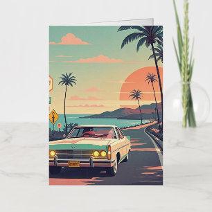 Carte De Vacances Métallisée Voiture vintage rétro sur une route de bord de mer