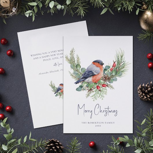 Carte de vacances Noël Bullfinch et Greenery