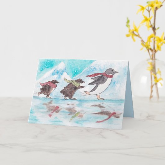 Carte de vacances Patinage sur glace Pingouins (Fleur jaune)