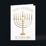 Carte de vacances photo Hanoukka Menorah à l'intér<br><div class="desc">Envoyez à vos proches un carte photo personnalisé cette saison Hanoukka. Cette conception comporte une menorah en or sur le devant et le message dit "Happy Hanoukka". En dessous de la menorah est un endroit pour votre nom de famille que vous pouvez personnaliser ou enlever si vous voulez. À l'intérieur...</div>