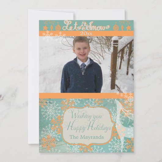 Carte de vacances photo Orange and Blue Snowflakes (Devant)