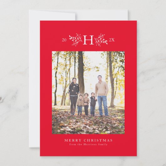 Carte de vacances photo rouge avec monogramme rust (Devant)