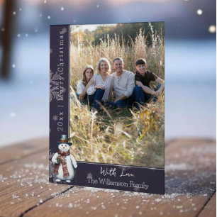 Carte de vacances photo Snowman pourpre souriant