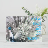 Carte de vacances plate PEACE, LOVE, JOY avec paon (Debout devant)