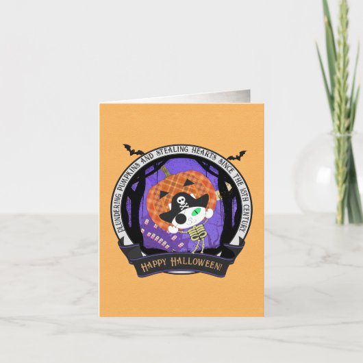 Carte de vacances pliée de chat squelette pirate (Devant)