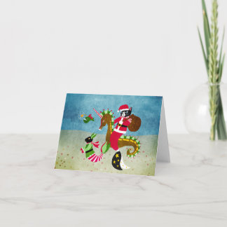 Carte de vacances pliée Mermaid cat Santa