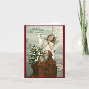 Carte de vacances pliée vintage ange et Père Noël
