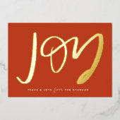 Carte de vacances Red Hand Lettered Joy Gold Foil (Recto)