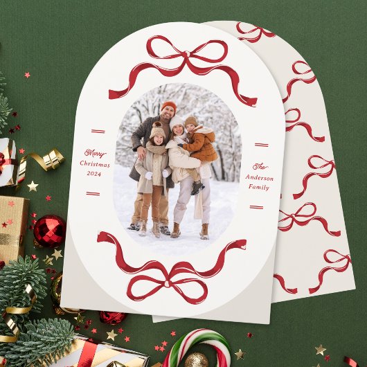 Carte de vacances Retro tendance Red Bows Oval Pho