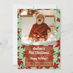 Carte de vacances rouge florale bébé premier Noël