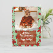 Carte de vacances rouge florale bébé premier Noël (Debout devant)