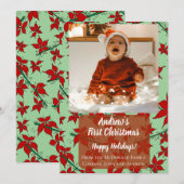 Carte de vacances rouge florale bébé premier Noël (Devant / Derrière)