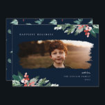 Carte de vacances Rustic Winter Berry Green<br><div class="desc">Eau rustique baies d'hiver et verdure,  carte de vacances photo. Caractéristiques,  cadre de masque photo de brosse moderne,  coordination des arrière - plans bleu marine et soutien motif correspondant.</div>