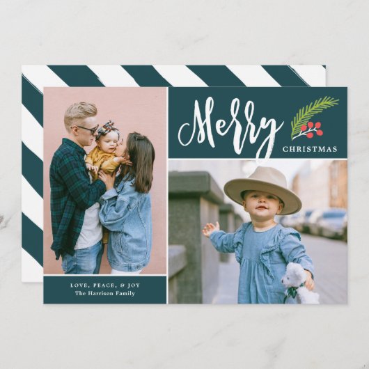 Carte de vacances Turquoise de Noël Joyeux Deux ph (Devant / Derrière)